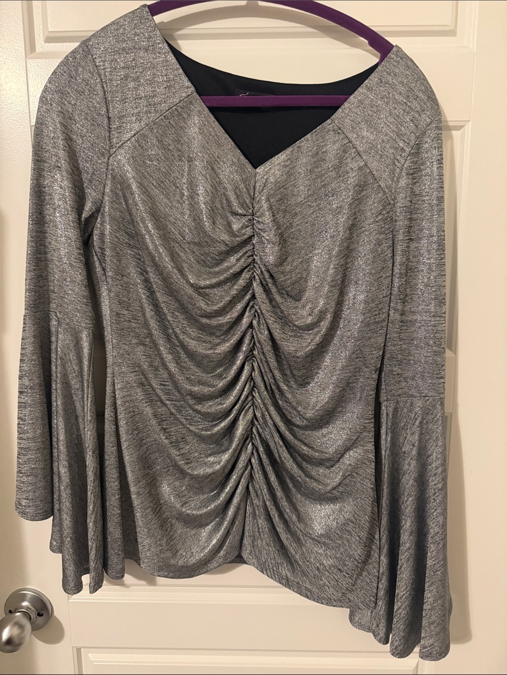 Thalia Sodi Silver Shimmer Ruched V-Neck Long Sleeve Top